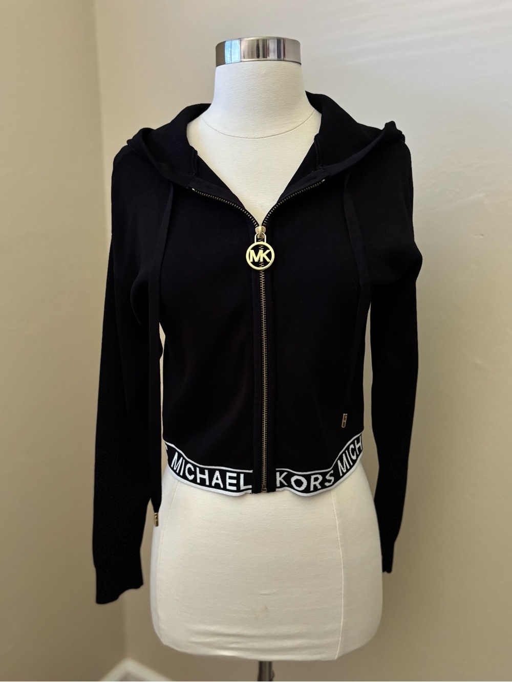 Michael Kors Black Hooded Zip Cardigan with Logo Band